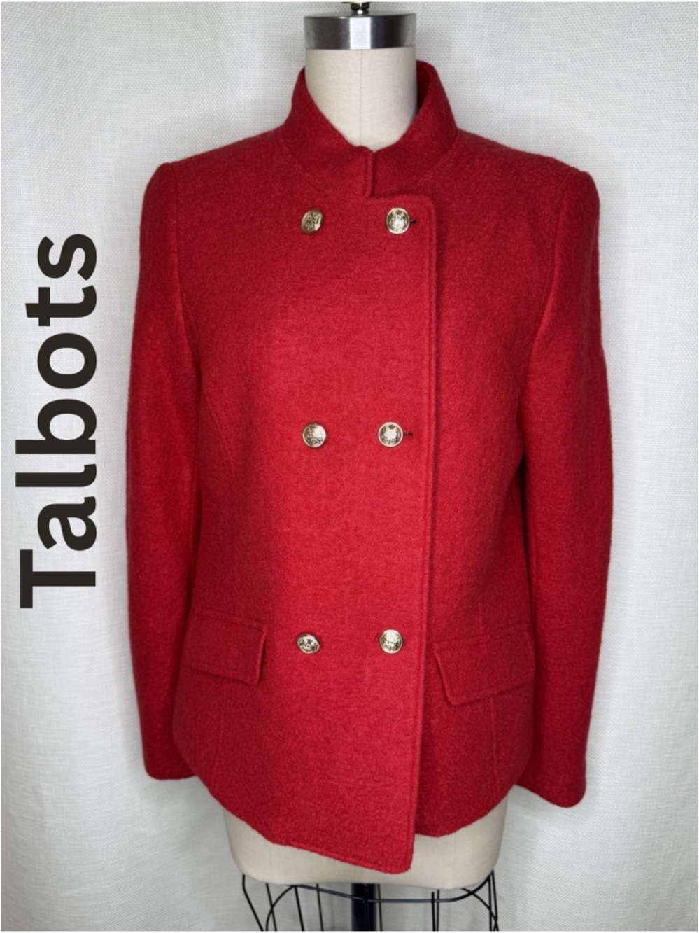Talbots Red Wool Blend Jacket Gold Button Military Blazer Size 6 EUC